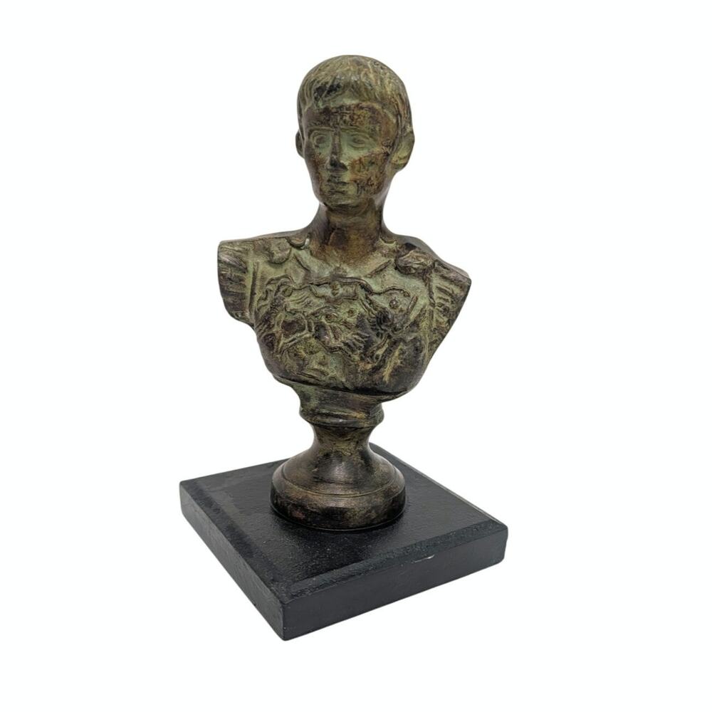 6.9" Emperor Augustus Caesar Bronze Finish Bust Wood Base Classical Roman Statue